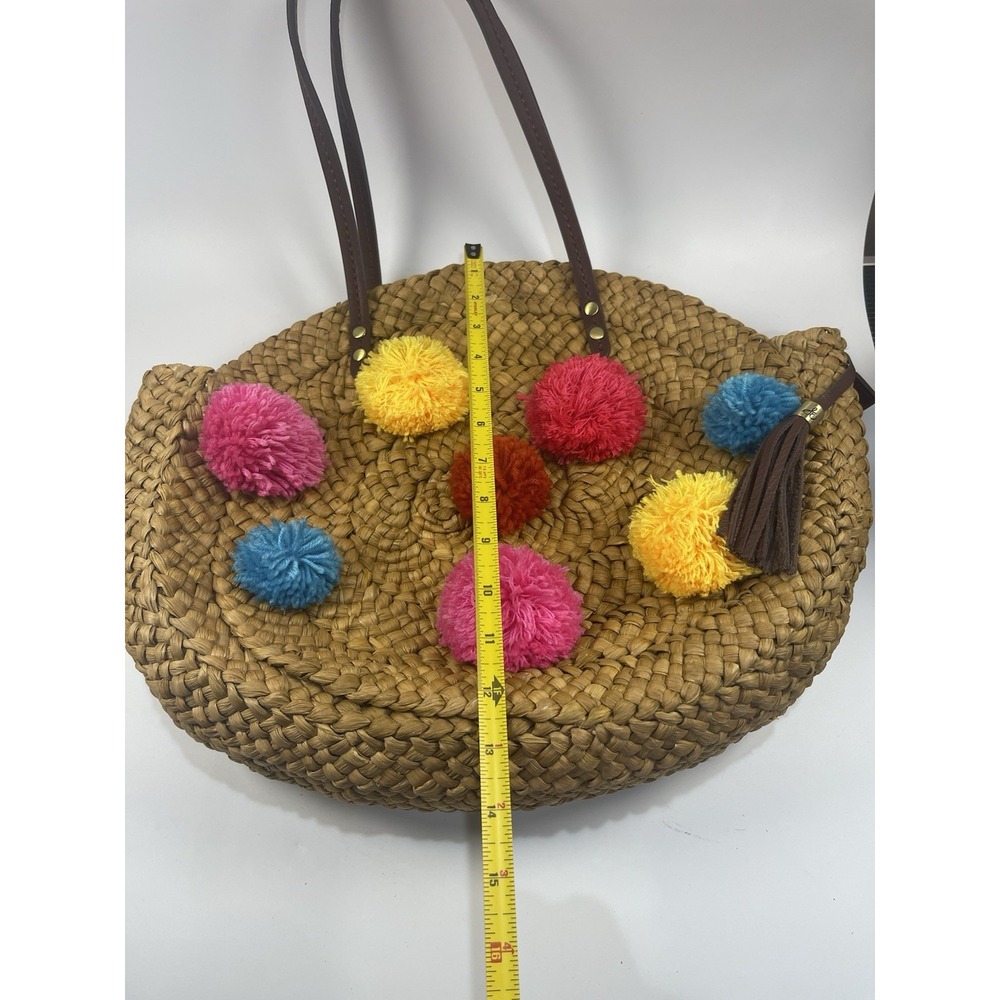 Sam Edelman Straw Yarn Multicolor Pom Poms Beach Bohemian Boho Casual Bag Tote - Picture 13 of 14
